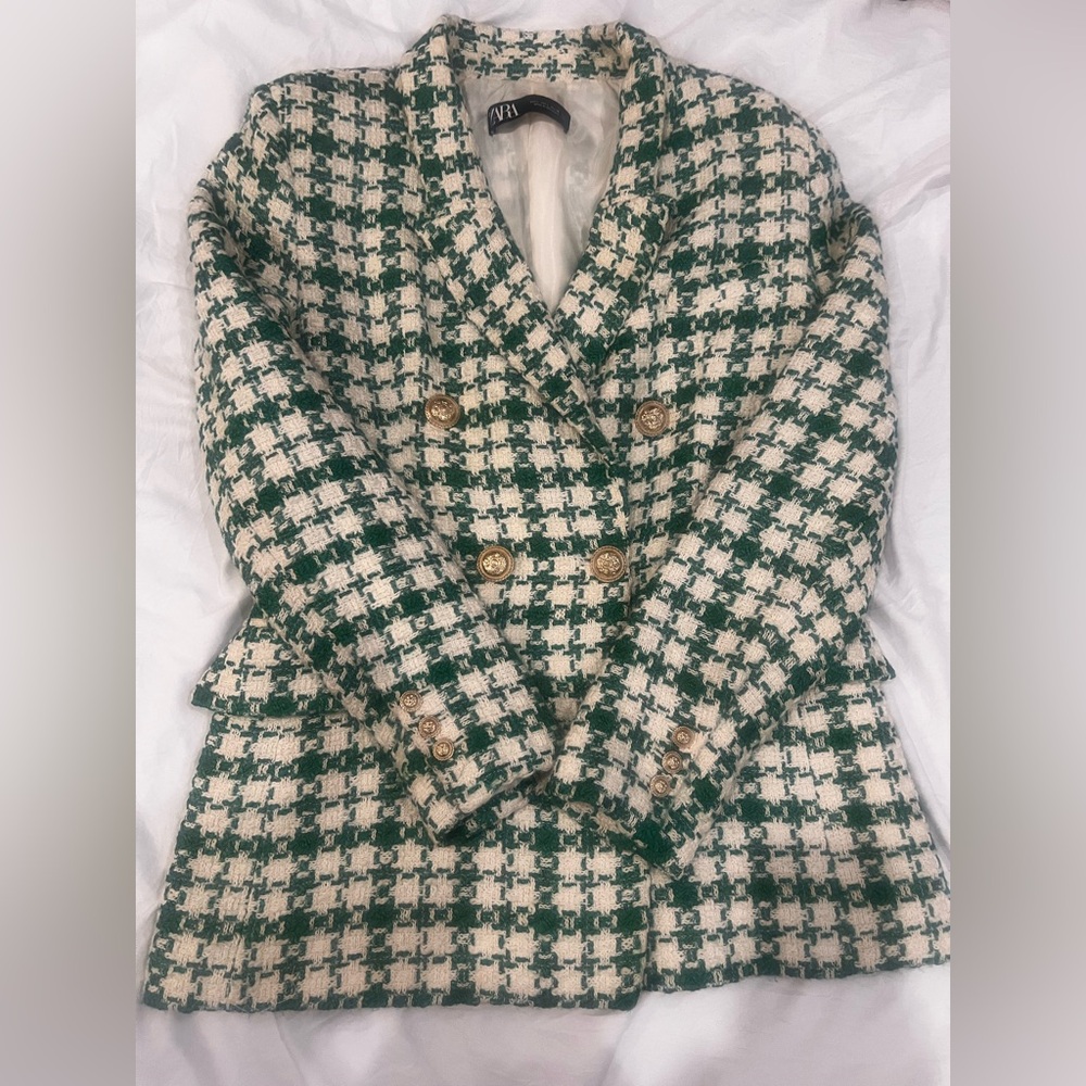 Zara Green & Cream Houndstooth Double-Breasted Tweed Blazer